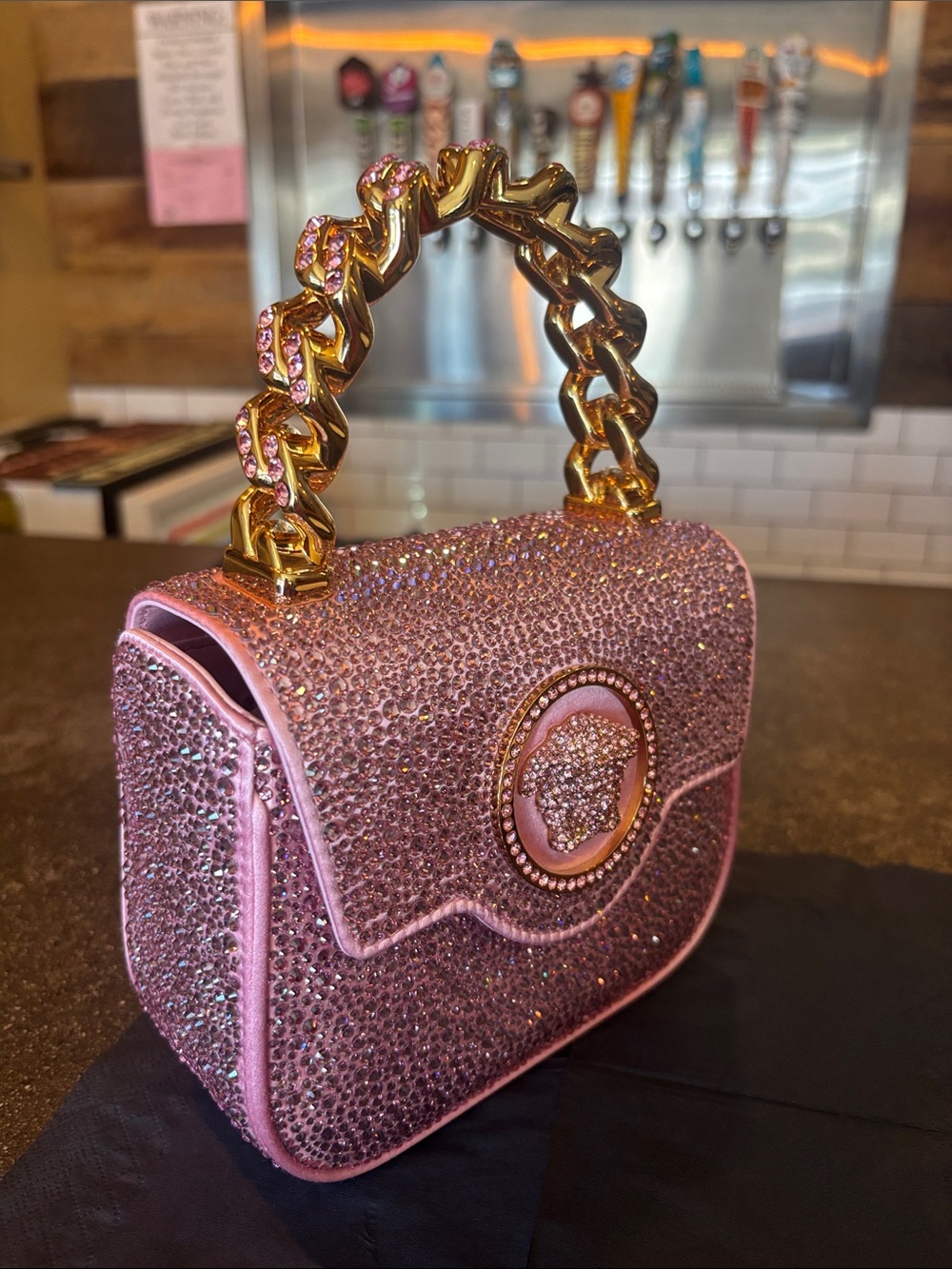 VERSACE BABY Pink CRYSTAL Mini Top-Handle Bag with Gold Chain SOLD OUT & RARE
